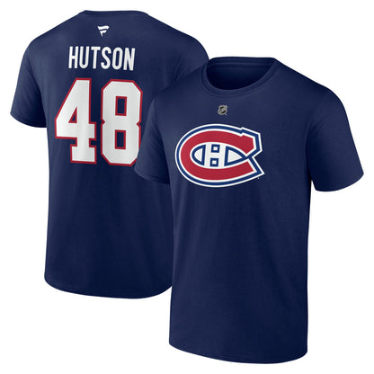 T-Shirt - Hutson bleu marine en coton avec logo de hockey rouge et blanc, manches courtes, vue avant et arrière.