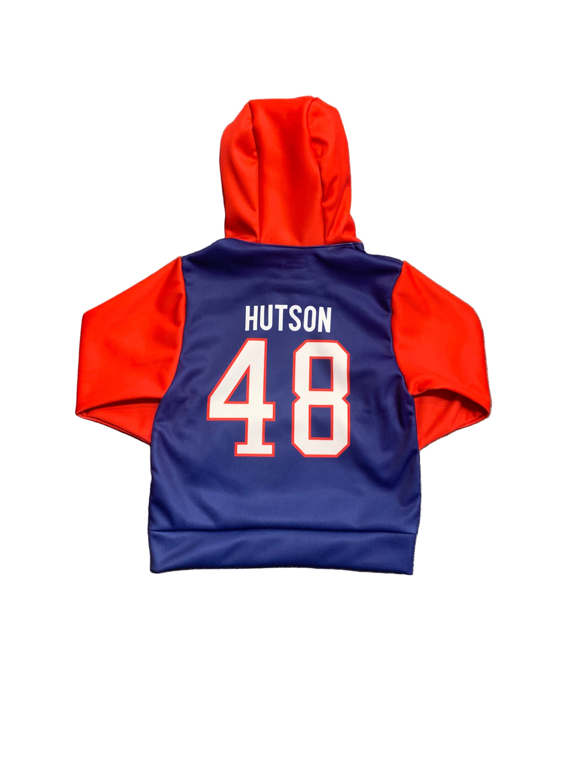 Hoodie - Hutson en polyester bleu marine et rouge, style sport avec capuche, pour enfant, vue de dos.