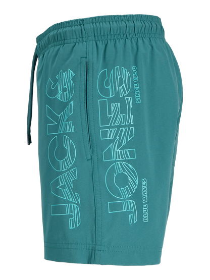Maillot de bain - Jack & Jones short bleu vert avec logo imprimé côté, taille élastique avec cordon, vue de profil.