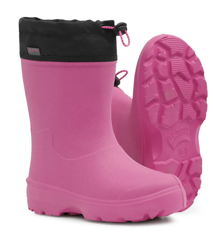 Bottes Mi-Saison Squishy - Acton roses et noires en EVA imperméable avec collet nylon, vue de face et semelle, enfant