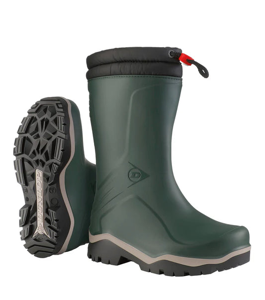 Bottes Mi-Saison Kids Blizzard - Dunlop vert foncé en PVC imperméable avec doublure fourrure synthétique, pour enfant, vue de côté et semelle antidérapante.