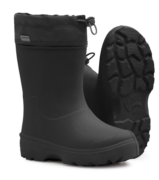 Bottes Mi-Saison Squishy - Acton noires en EVA imperméable avec collet nylon à cordon, vue de face et semelle dessous, enfant garçon
