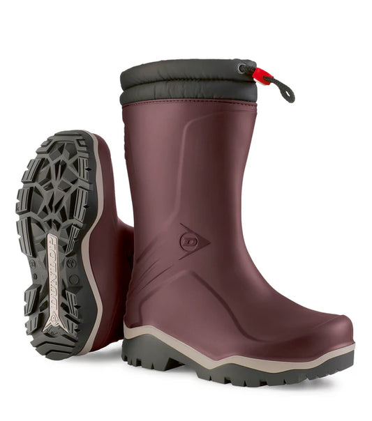 Bottes Mi-Saison Kids Blizzard - Dunlop bordeaux et noir en PVC imperméable pour enfant, vue de face et semelle antidérapante visible