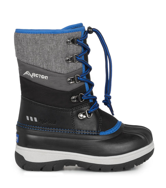 Bottes d'hiver Gummy - Acton noires et grises avec lacets bleus et semelle crantée en caoutchouc vues de profil