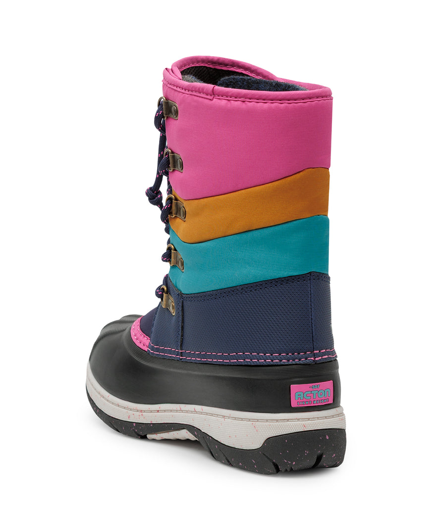 Bottes d'hiver Gummy - Acton pour enfant, botte rose, orange, turquoise et marine en textile et caoutchouc, vue de côté