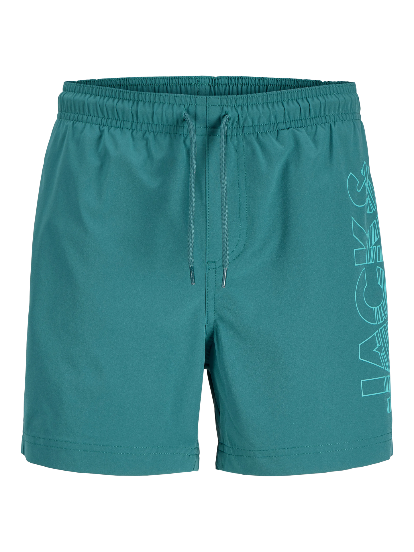 Maillot de bain - Jack & Jones short turquoise à taille élastique avec cordon, logo imprimé sur le côté, vue de face, homme adulte