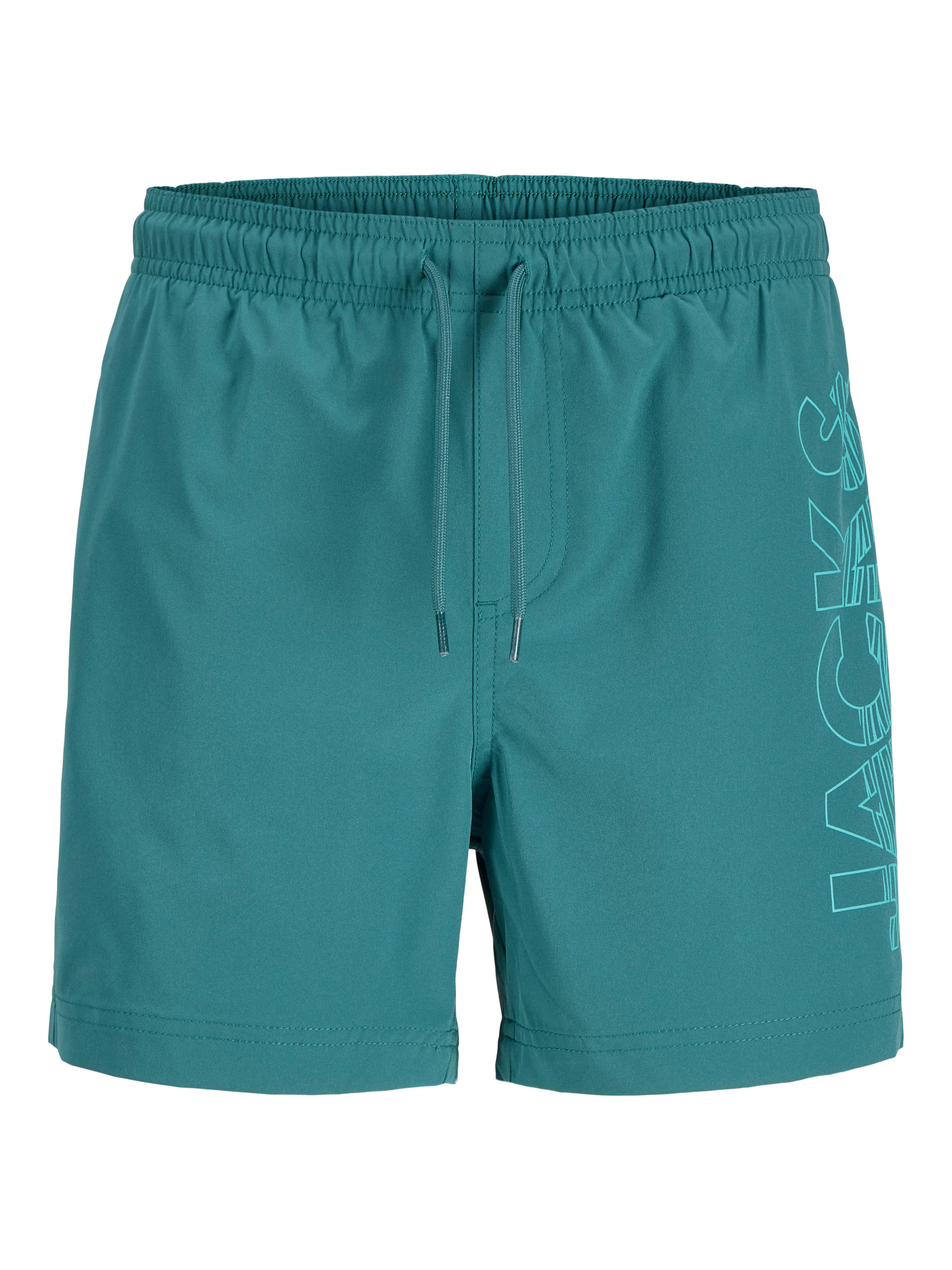 Maillot de bain - Jack & Jones short turquoise à taille élastique avec cordon, logo imprimé sur le côté, vue de face, homme adulte