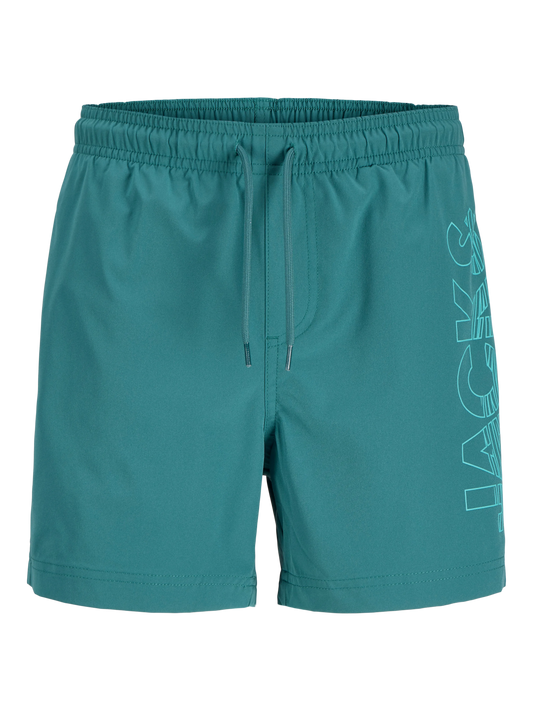 Maillot de bain - Jack & Jones short turquoise à taille élastique avec cordon, logo imprimé sur le côté, vue de face, homme adulte