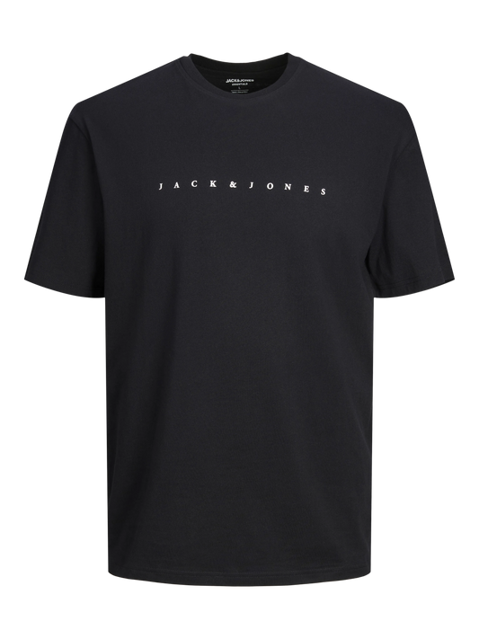 T-Shirt - Jack & Jones noir en coton 100% homme avec logo blanc centré, vue de face, manches courtes, col rond