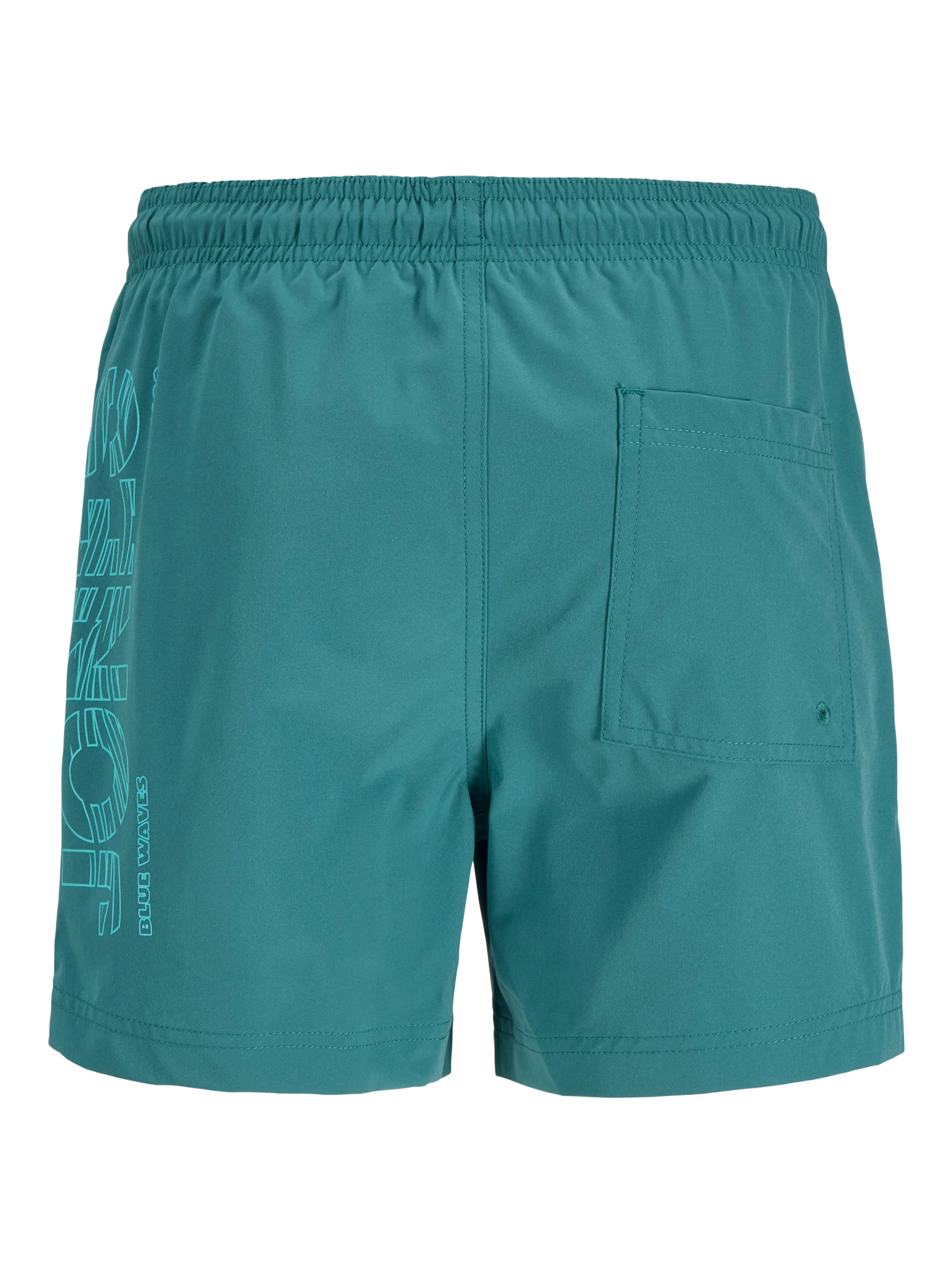 Maillot de bain - Jack & Jones short bleu turquoise avec poche arrière, détail imprimé sur le côté, vue de dos homme adulte.