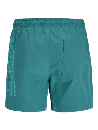 Maillot de bain - Jack & Jones short bleu turquoise avec poche arrière, détail imprimé sur le côté, vue de dos homme adulte.