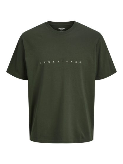 T-Shirt - Jack & Jones vert kaki en coton 100% à col rond, style classique, vue de face sur fond blanc.