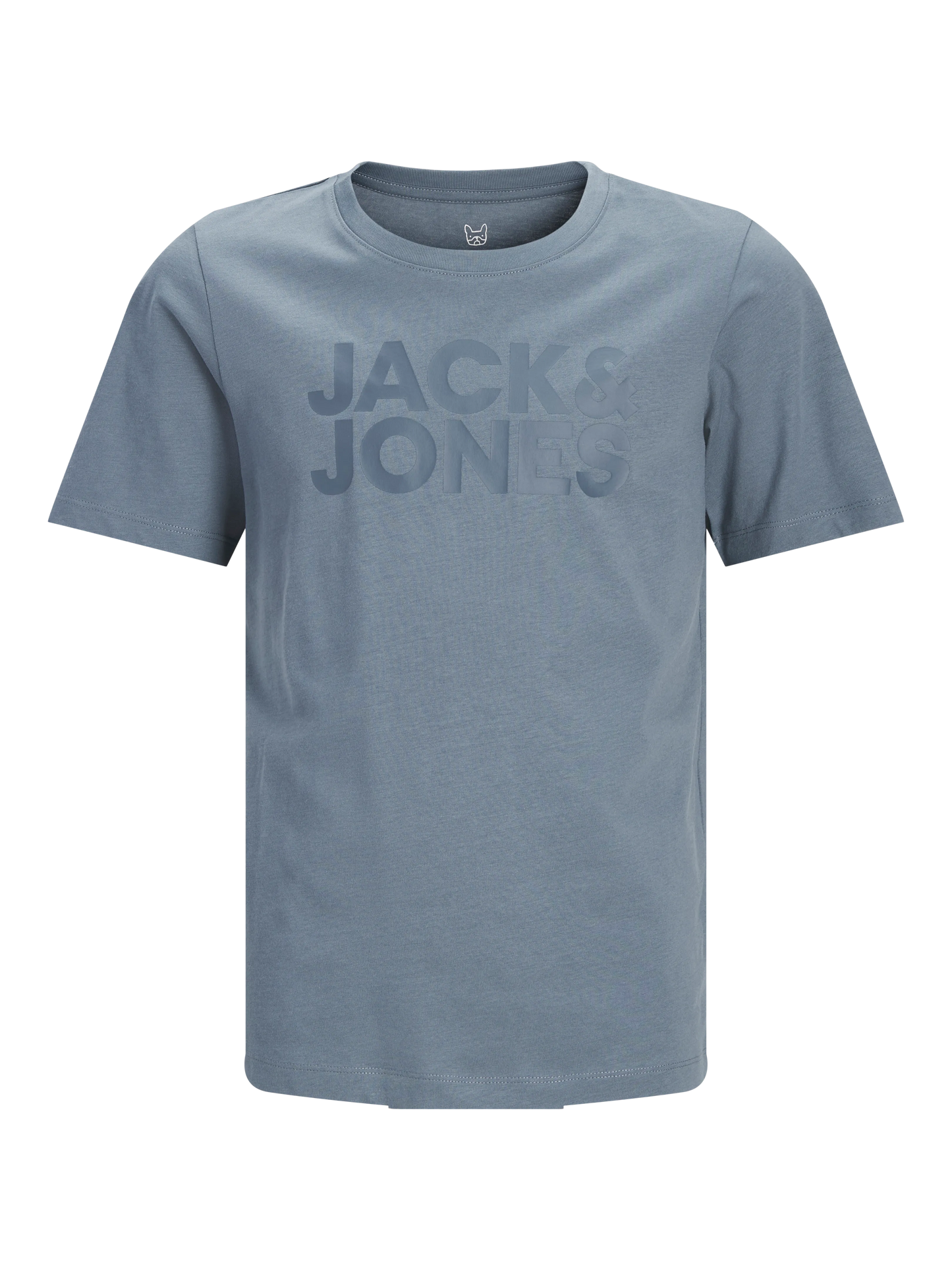 T-Shirt - Jack & Jones bleu gris en coton 100% avec logo ton sur ton, coupe droite, vue de face.