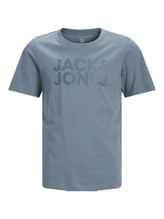 T-Shirt - Jack & Jones bleu gris en coton 100% avec logo ton sur ton, coupe droite, vue de face.