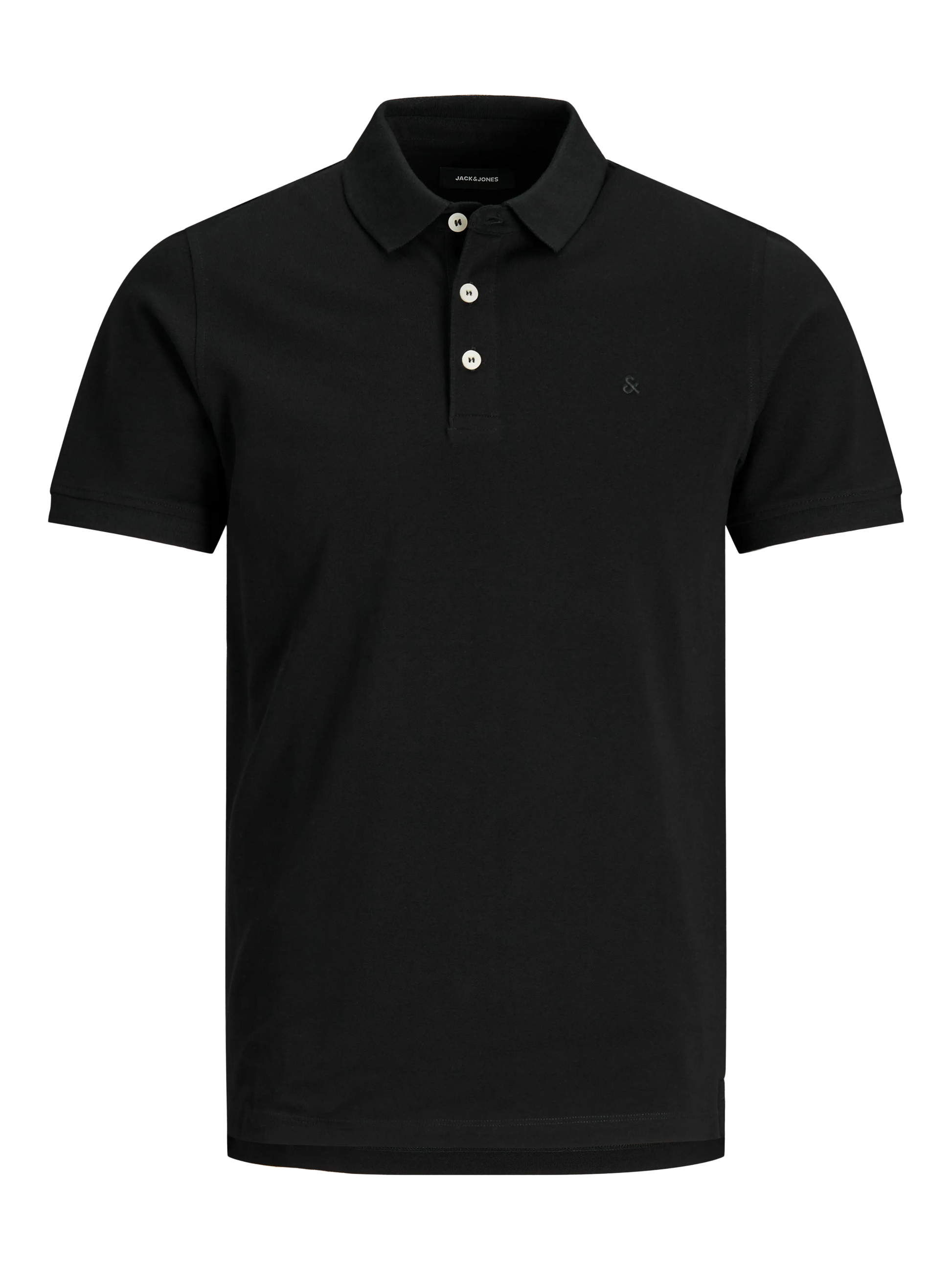 Polo - Jack & Jones noir en coton 100% à manches courtes pour homme, vue de face avec col polo boutonné.
