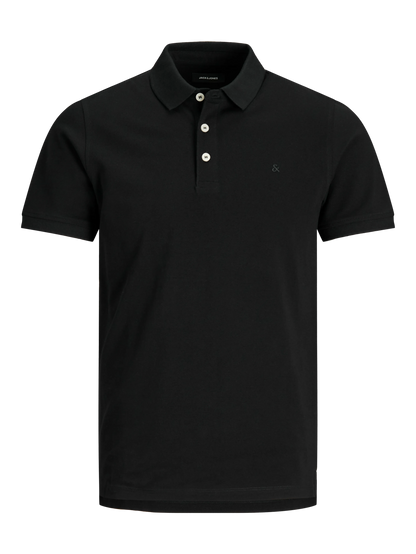 Polo - Jack & Jones noir en coton 100% à manches courtes pour homme, vue de face avec col polo boutonné.