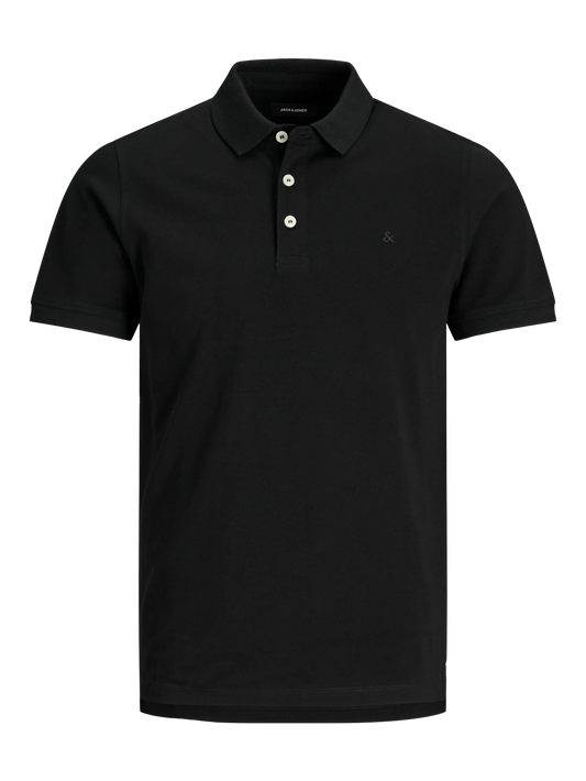 Polo - Jack & Jones noir en coton 100% à manches courtes pour homme, vue de face avec col polo boutonné.