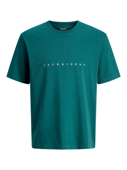 T-Shirt - Jack & Jones bleu canard en coton 100% avec logo centré blanc, vue de face portrait dimension 3240x4320