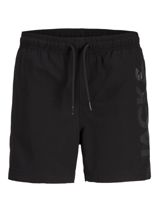Maillot de bain - Jack & Jones short noir avec cordon de serrage et logo ton sur ton, vue de face.