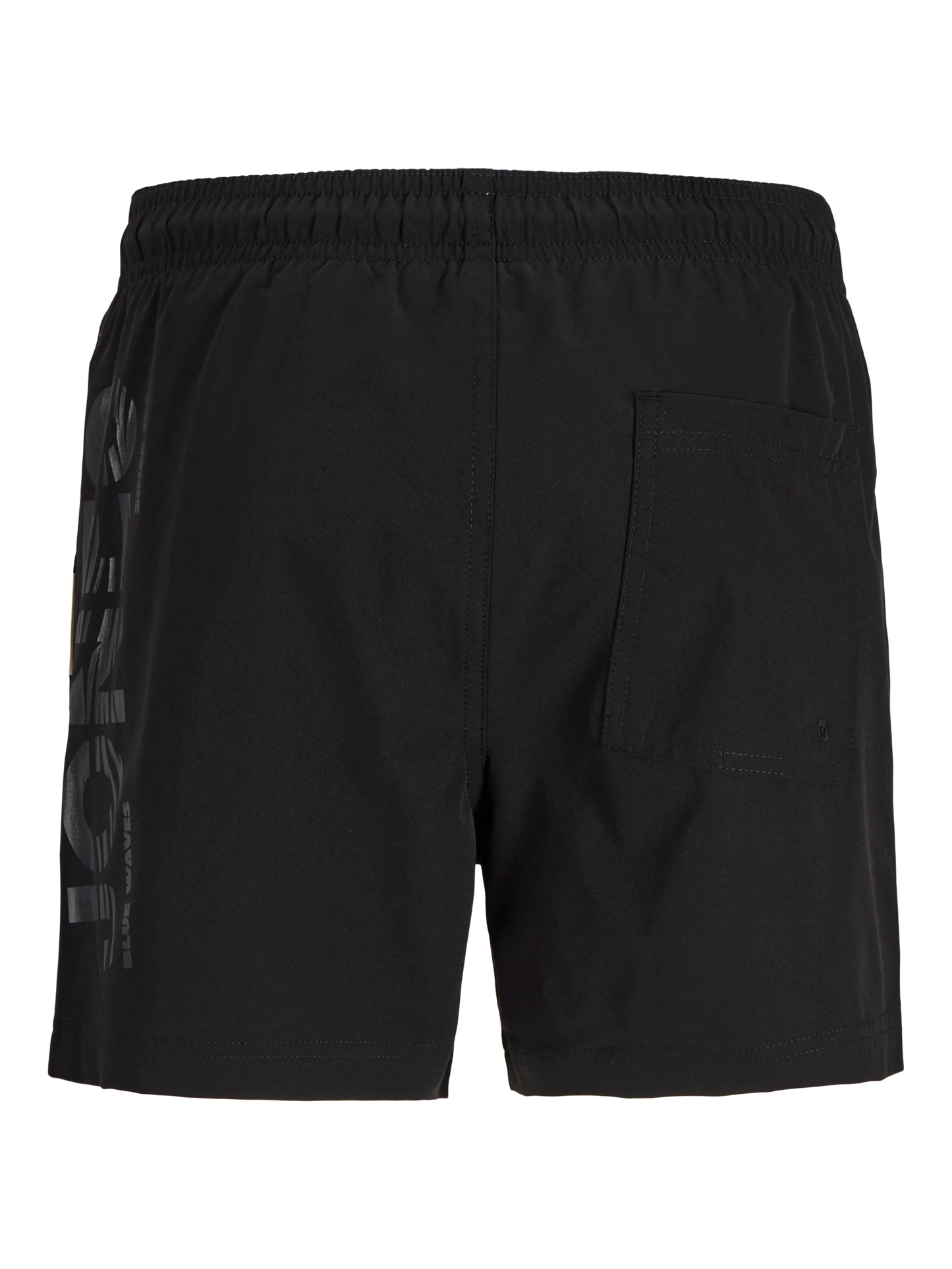 Maillot de bain - Jack & Jones short noir avec logo gris, taille élastique, poche arrière, vue de dos.
