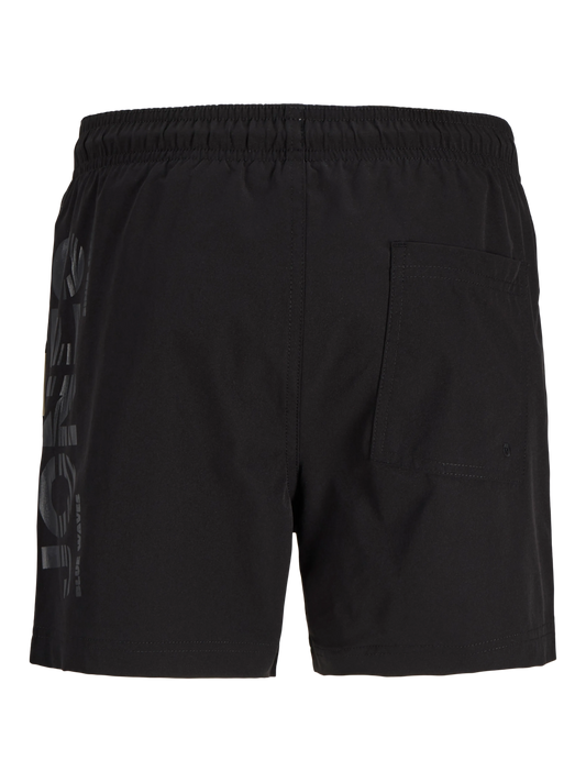Maillot de bain - Jack & Jones short noir avec logo gris, taille élastique, poche arrière, vue de dos.