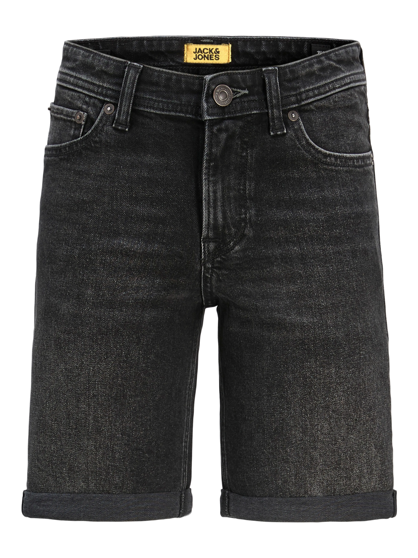 Short jeans - Jack & Jones en jean noir délavé, style classique, coupe droite, vue de face.