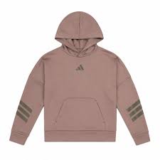 Hoodie - Adidas rose poudré avec capuche, logo central et bandes sur les manches, style décontracté, vue de face.