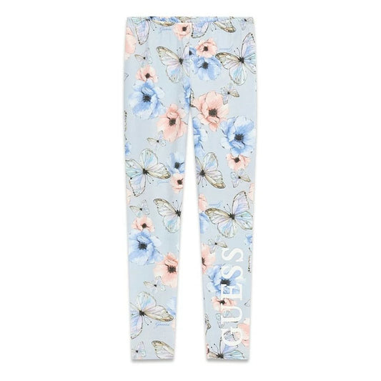 Legging - Guess en coton bleu clair à motifs papillons et fleurs roses et bleues, pour enfant, vue de face.