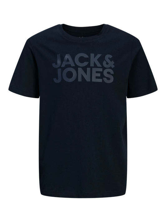 T-Shirt - Jack & Jones bleu marine en coton biologique avec logo imprimé ton sur ton, pour garçon, vue de face.