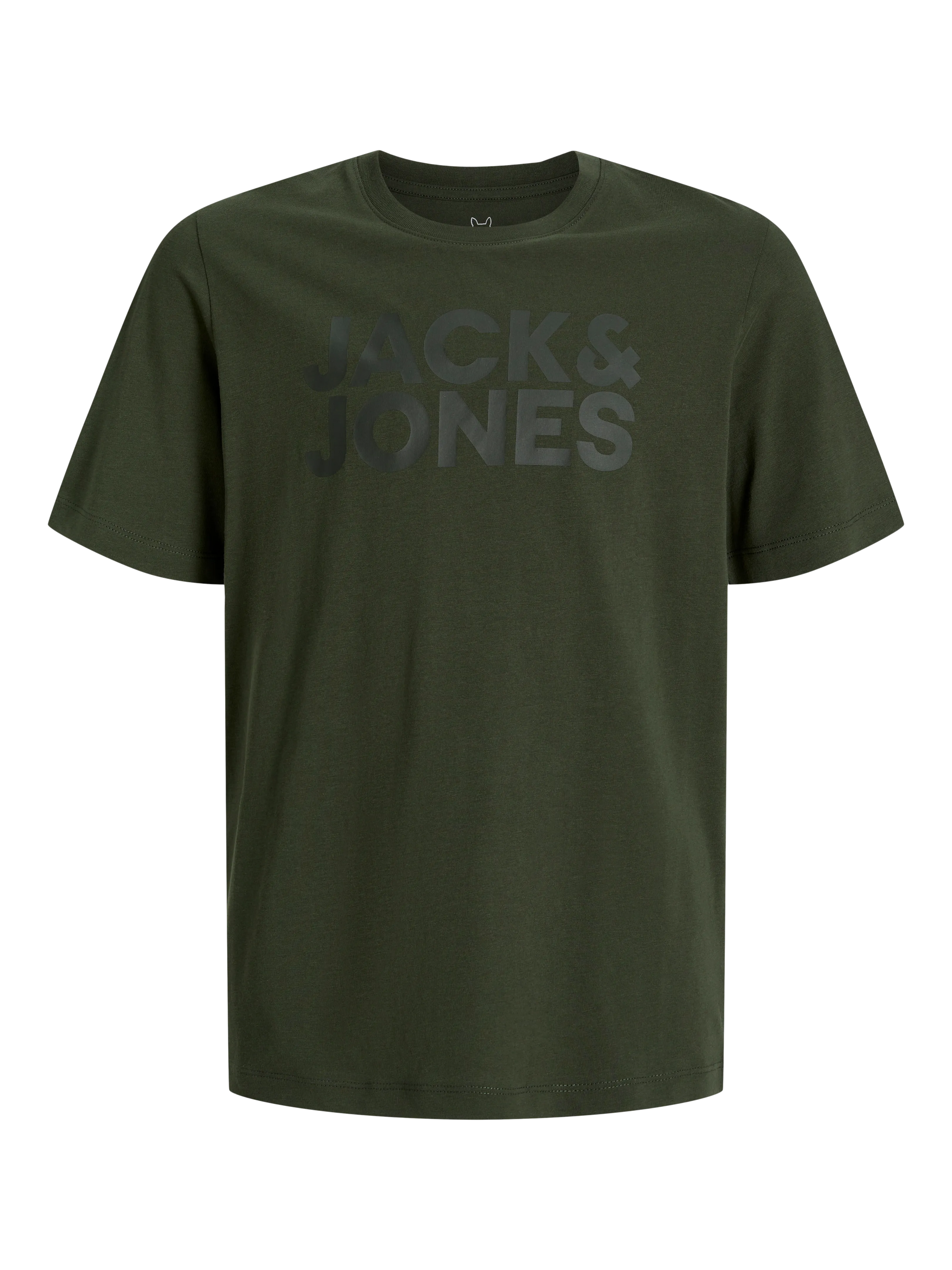 T-Shirt - Jack & Jones vert kaki en coton bio avec logo ton sur ton, manches courtes, pour garçon, vue de face.