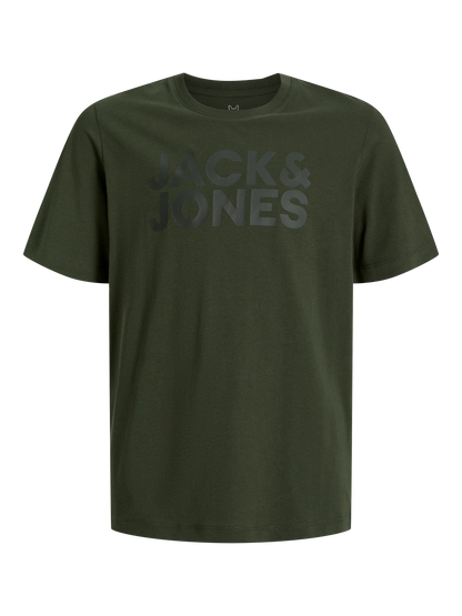 T-Shirt - Jack & Jones vert kaki en coton bio avec logo ton sur ton, manches courtes, pour garçon, vue de face.