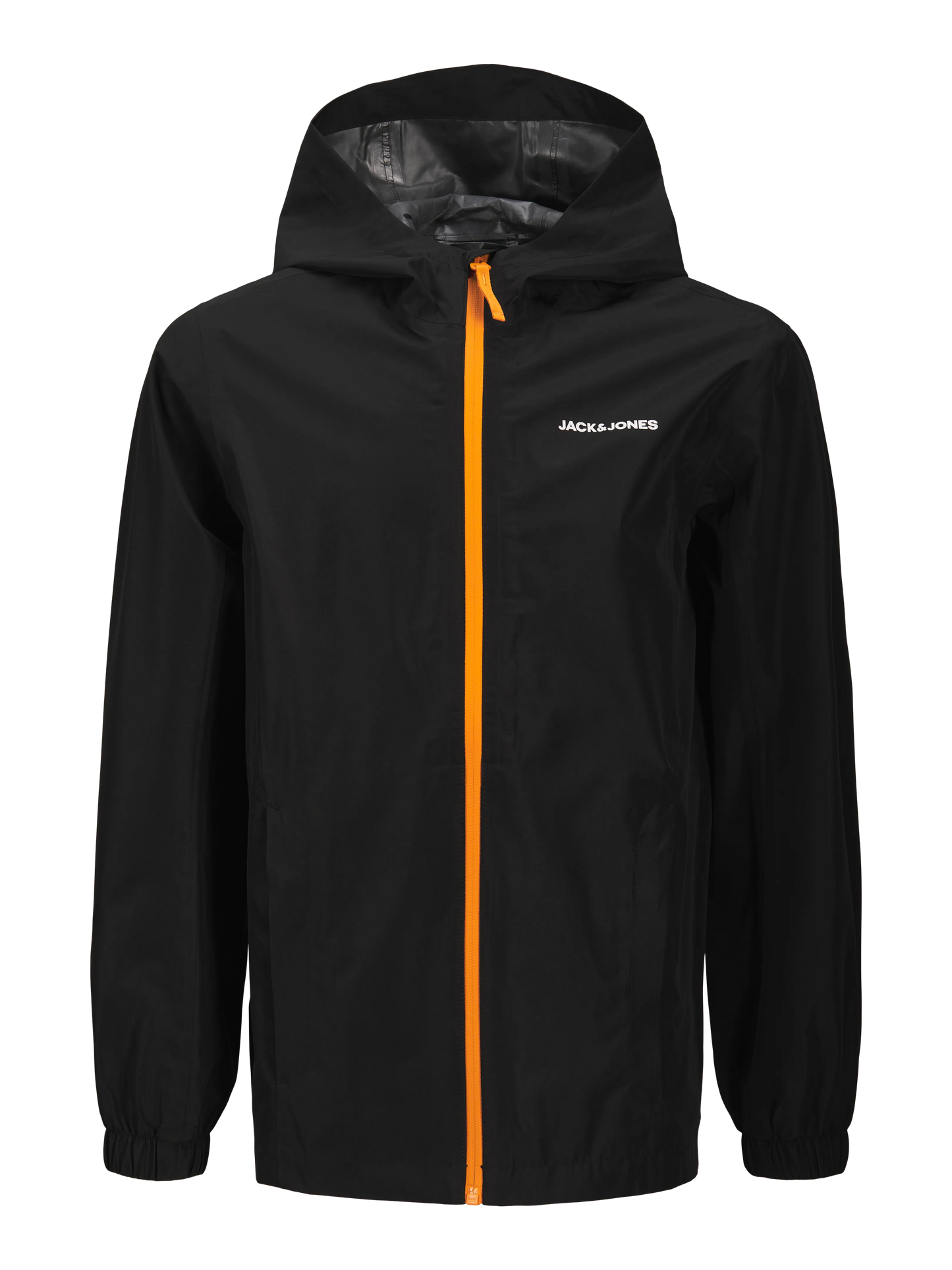 Manteau de pluie - Jack & Jones noir avec zip orange, capuche, polyester recyclé, pour garçon, vue de face.