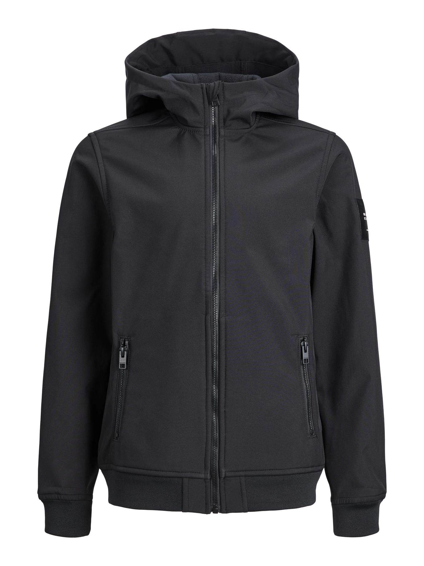 Manteau Mi-Saison - Jack & Jones noir en polyester recyclé, à capuche, style garçon, vue de face, fermeture zippée