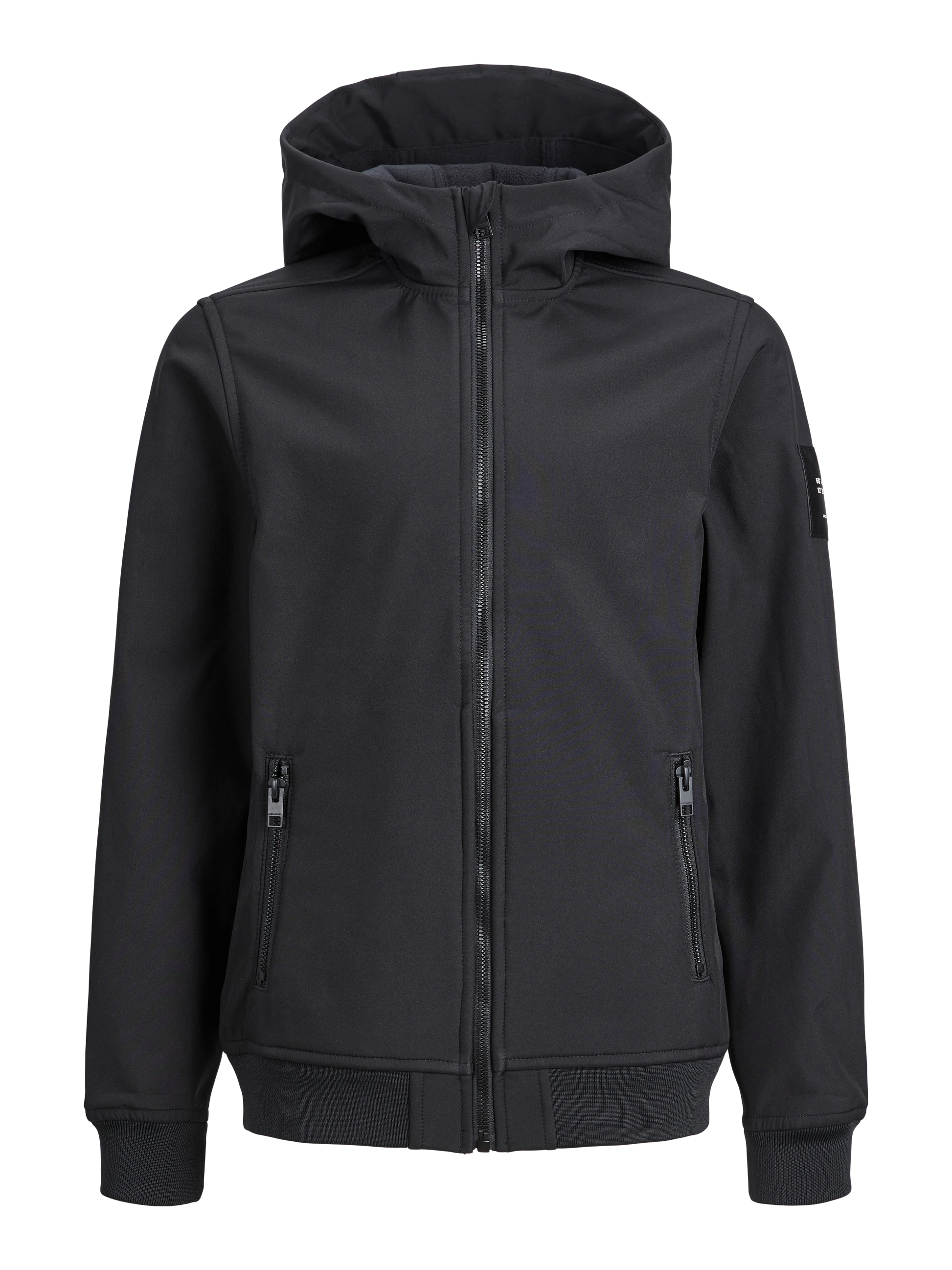 Manteau Mi-Saison - Jack & Jones noir en polyester recyclé, à capuche, style garçon, vue de face, fermeture zippée