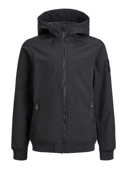Manteau Mi-Saison - Jack & Jones noir en polyester recyclé, à capuche, style garçon, vue de face, fermeture zippée