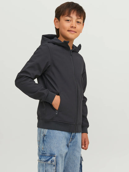 Manteau Mi-Saison - Jack & Jones noir en polyester recyclé, style capuche, pour garçon, vue de profil porté.