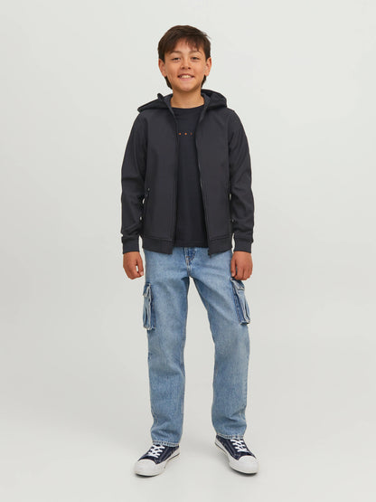 Manteau Mi-Saison - Jack & Jones bleu marine en polyester recyclé, capuche, pour garçon, porté devant.