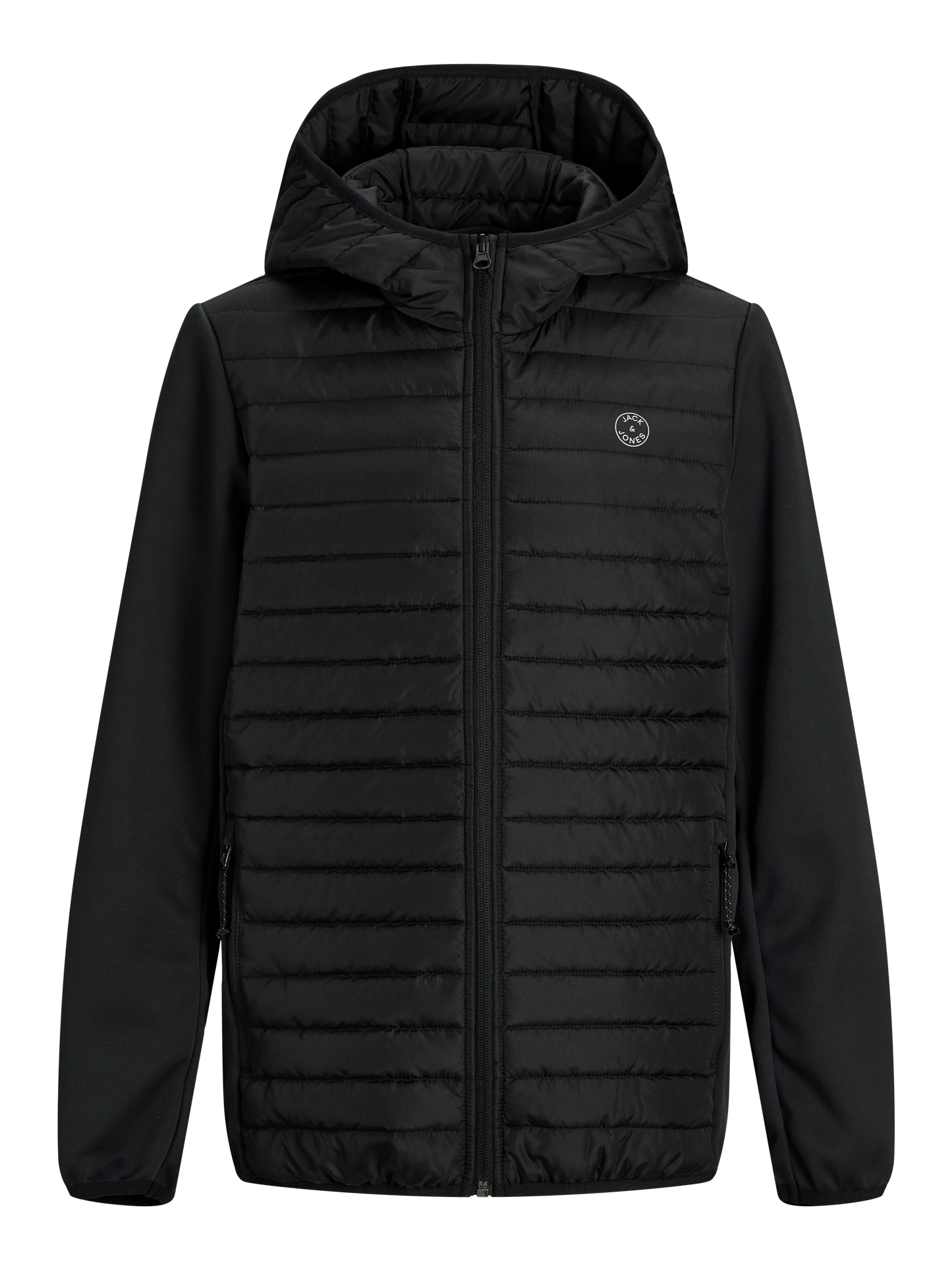Manteau Mi-Saison - Jack & Jones noir matelassé hybride polyester à capuche coupe-vent, pour garçon, vue de face.