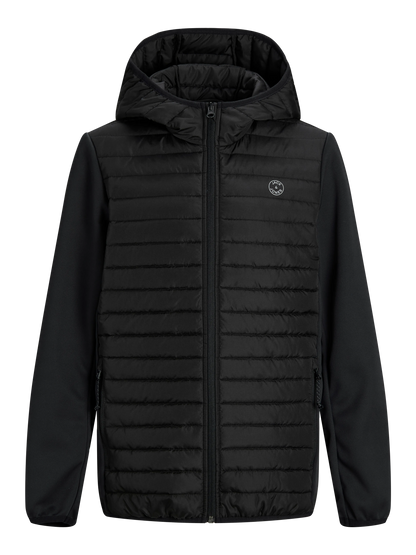 Manteau Mi-Saison - Jack & Jones noir matelassé hybride polyester à capuche coupe-vent, pour garçon, vue de face.
