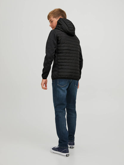 Manteau Mi-Saison - Jack & Jones noir matelassé avec capuche, coupe-vent, pour garçon, vue de dos porté sur mannequin