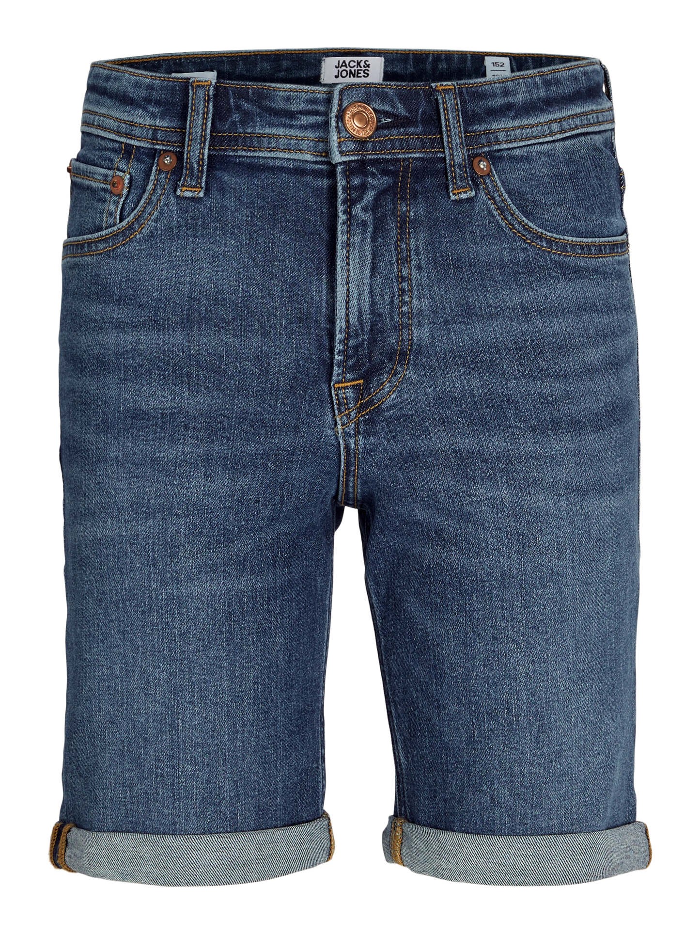 Short - Jack & Jones en denim bleu foncé avec revers, coupe droite, tissu coton majoritaire, vue de face.