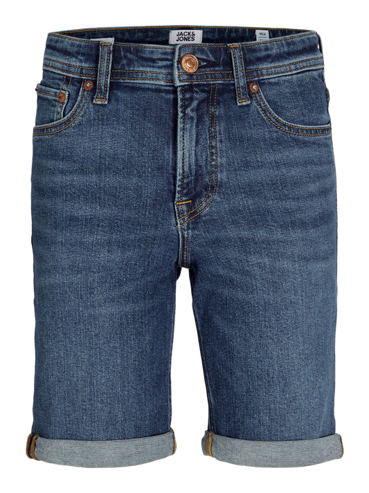 Short - Jack & Jones en denim bleu foncé avec revers, coupe droite, tissu coton majoritaire, vue de face.