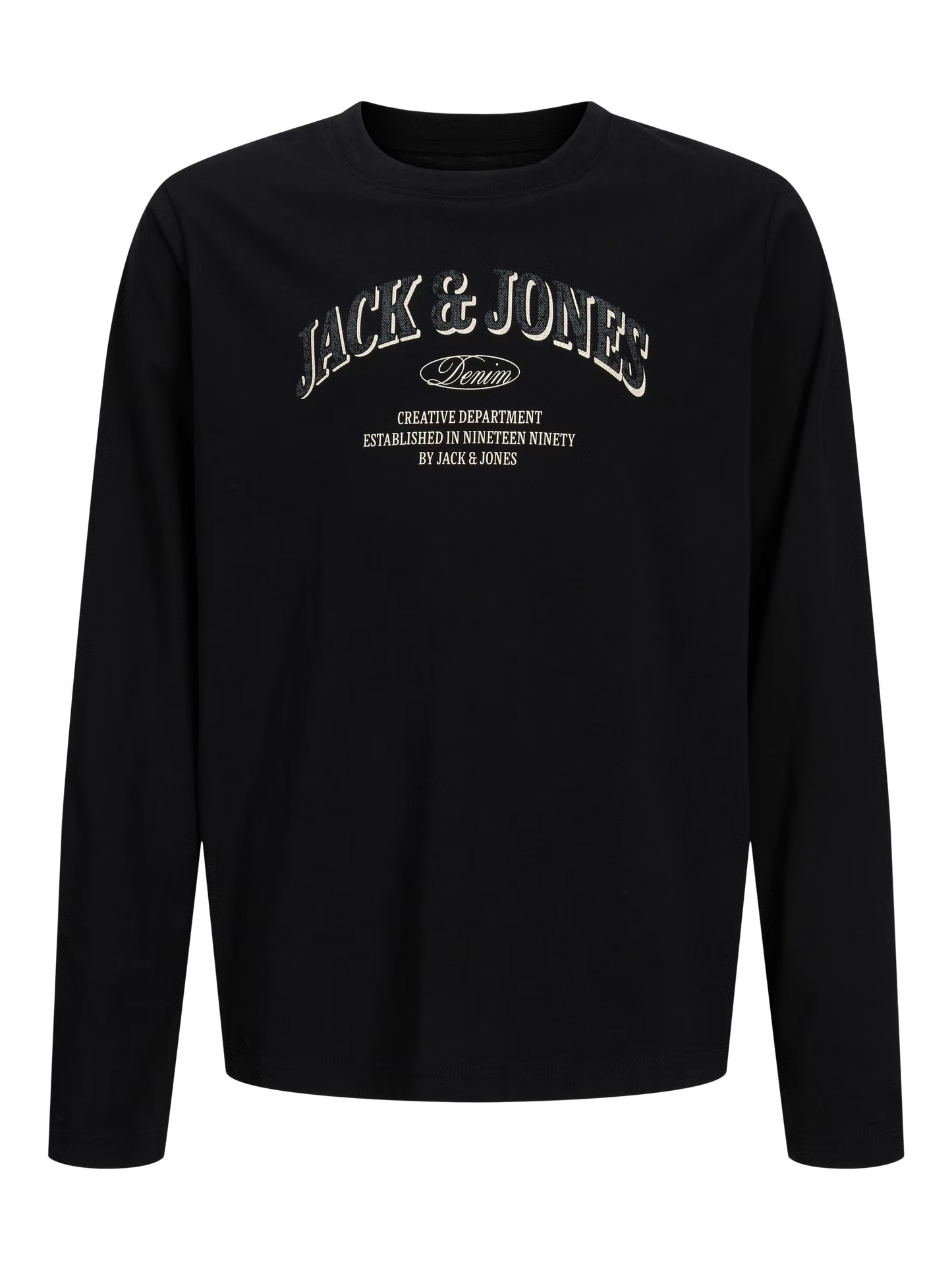 Chandail - Jack & Jones noir à manches longues avec imprimé texte blanc et beige sur le devant, vue de face.