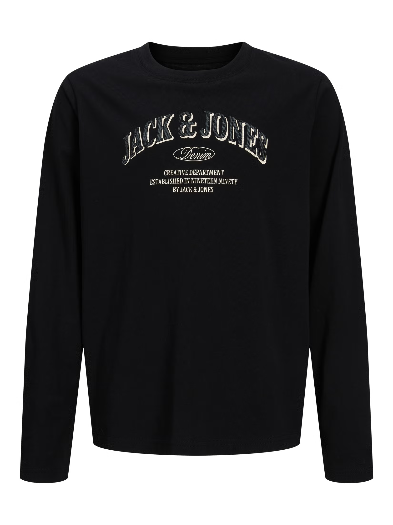 Chandail - Jack & Jones noir à manches longues avec imprimé texte blanc et beige sur le devant, vue de face.
