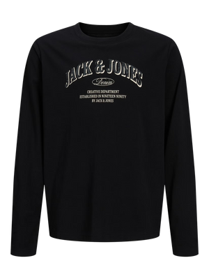 Chandail - Jack & Jones noir à manches longues avec imprimé texte blanc et beige sur le devant, vue de face.