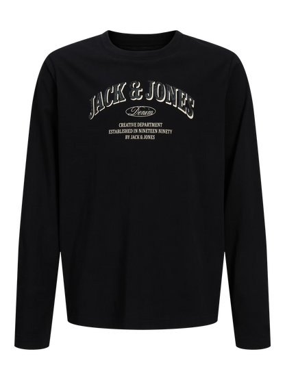 Chandail - Jack & Jones noir à manches longues avec imprimé texte blanc et beige sur le devant, vue de face.