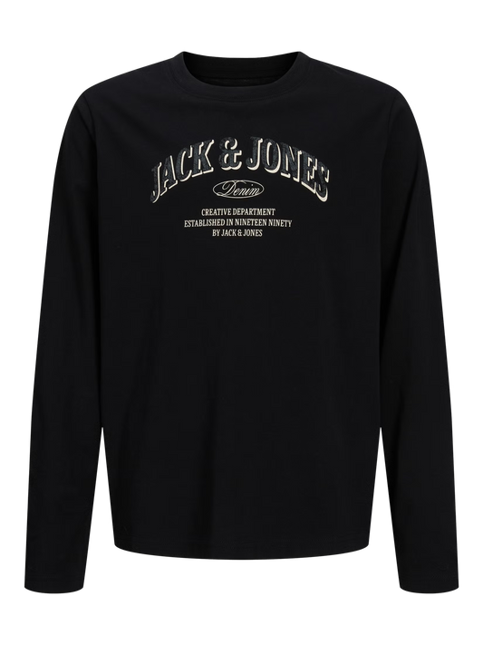 Chandail - Jack & Jones noir à manches longues avec imprimé texte blanc et beige sur le devant, vue de face.