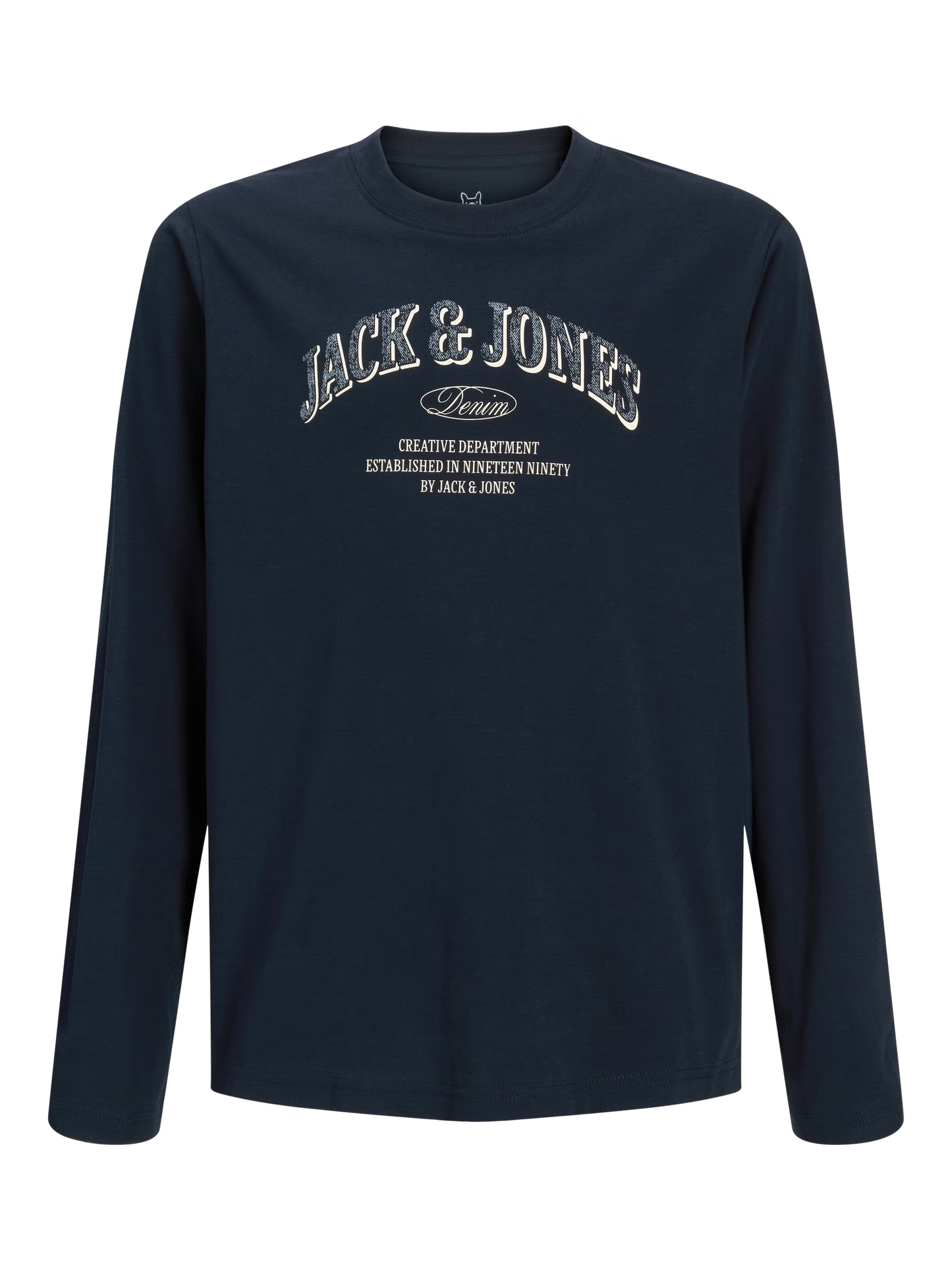 Chandail - Jack & Jones bleu marine à manches longues en coton, logo blanc imprimé sur le devant, vue de face.