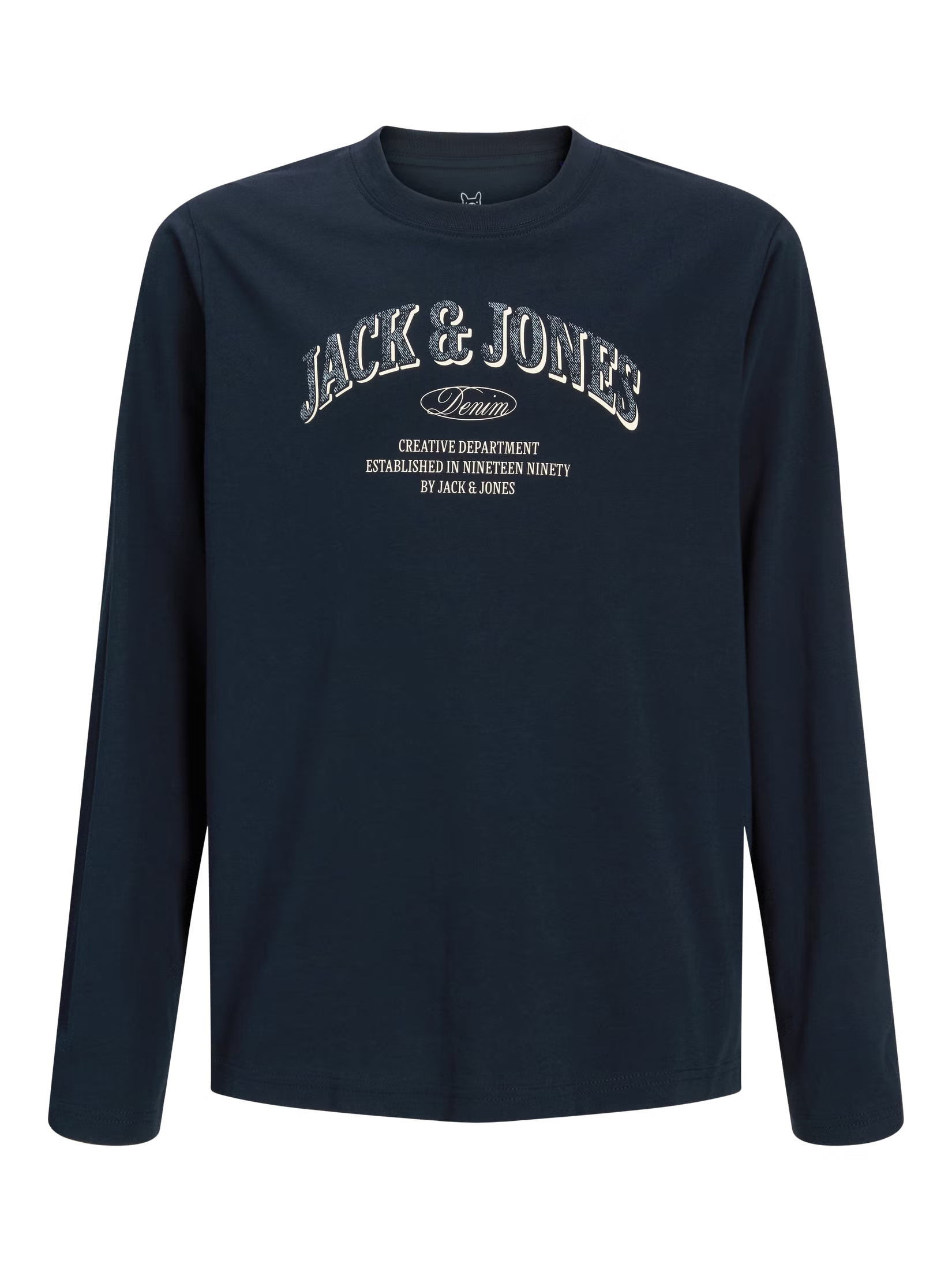 Chandail - Jack & Jones bleu marine à manches longues en coton, logo blanc imprimé sur le devant, vue de face.