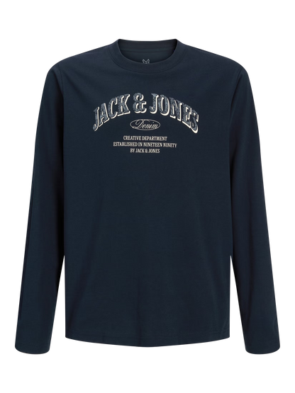 Chandail - Jack & Jones bleu marine à manches longues en coton, logo blanc imprimé sur le devant, vue de face.